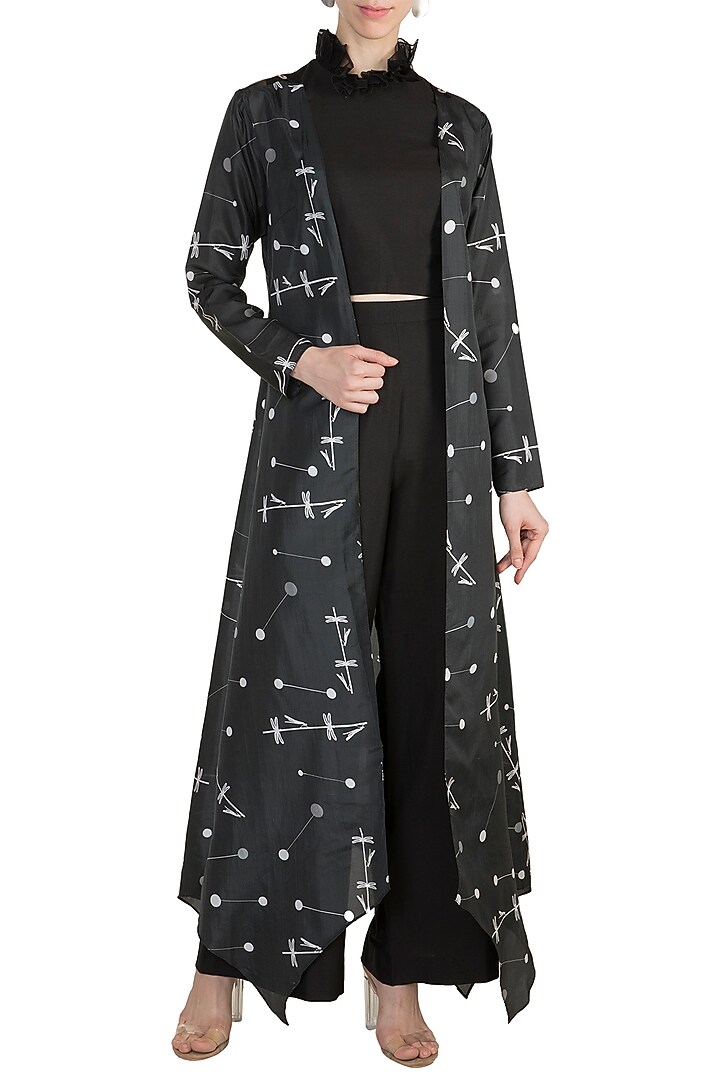 Black Crop Top With Pants & Printed Embroidered Jacket by Arya by SVA at Pernia's Pop Up Shop